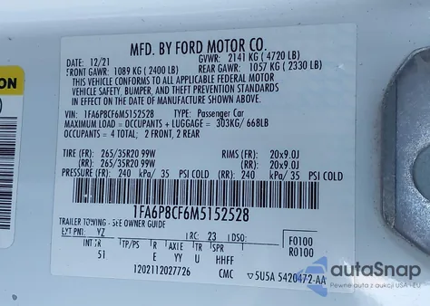 2021 Ford Mustang Gt Premium z USA, uszkodzony, nr VIN 1FA6P8CF6M5152528